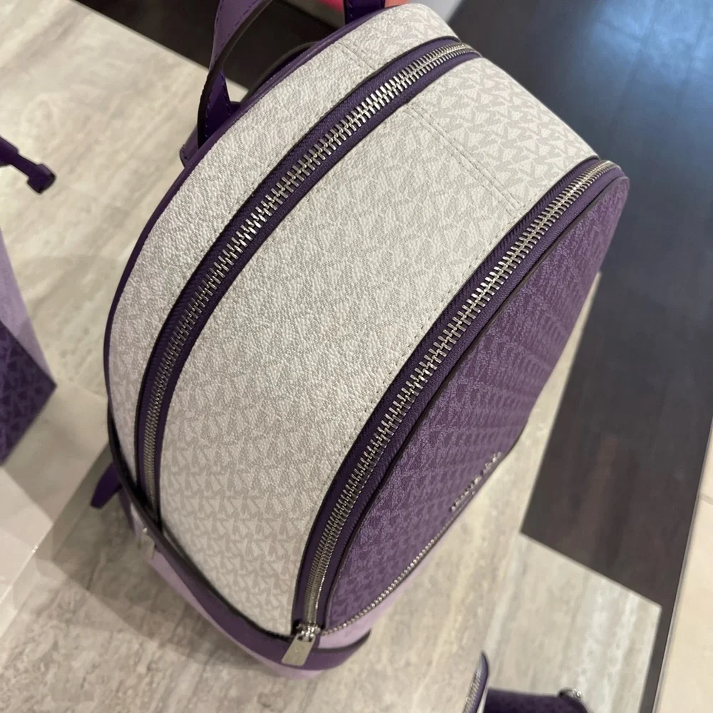 MICHAEL KORS Rhea Md Zip Color-Block Signature Logo Backpack Dark Purple MLT NWT
